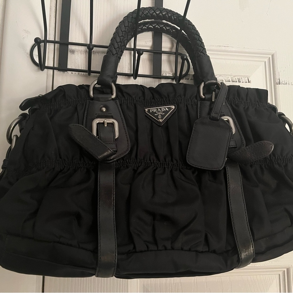 3 hour 50% off SALE  PRADA Tessuto Nylon Nappa Braided Gaufre Shoulder Bag Black